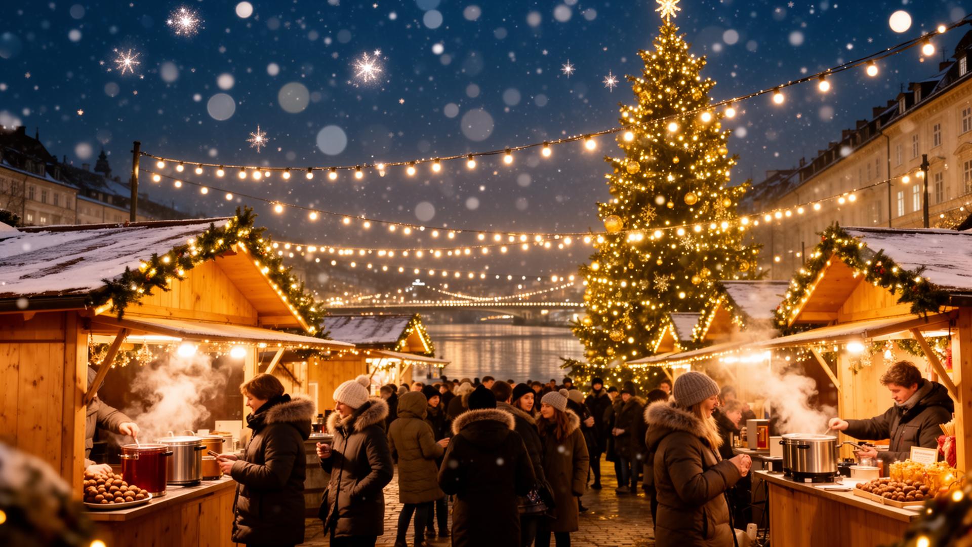 Festive Christmas market at night along the Danube